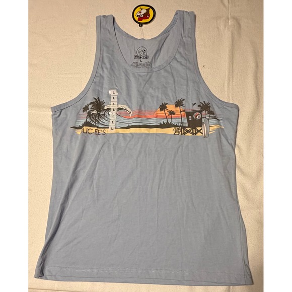 BUC-EE'S Tops - Buc-ee's Womens Graphic Tank Top Light Blue Beach Sunset Palm Trees Large NWT